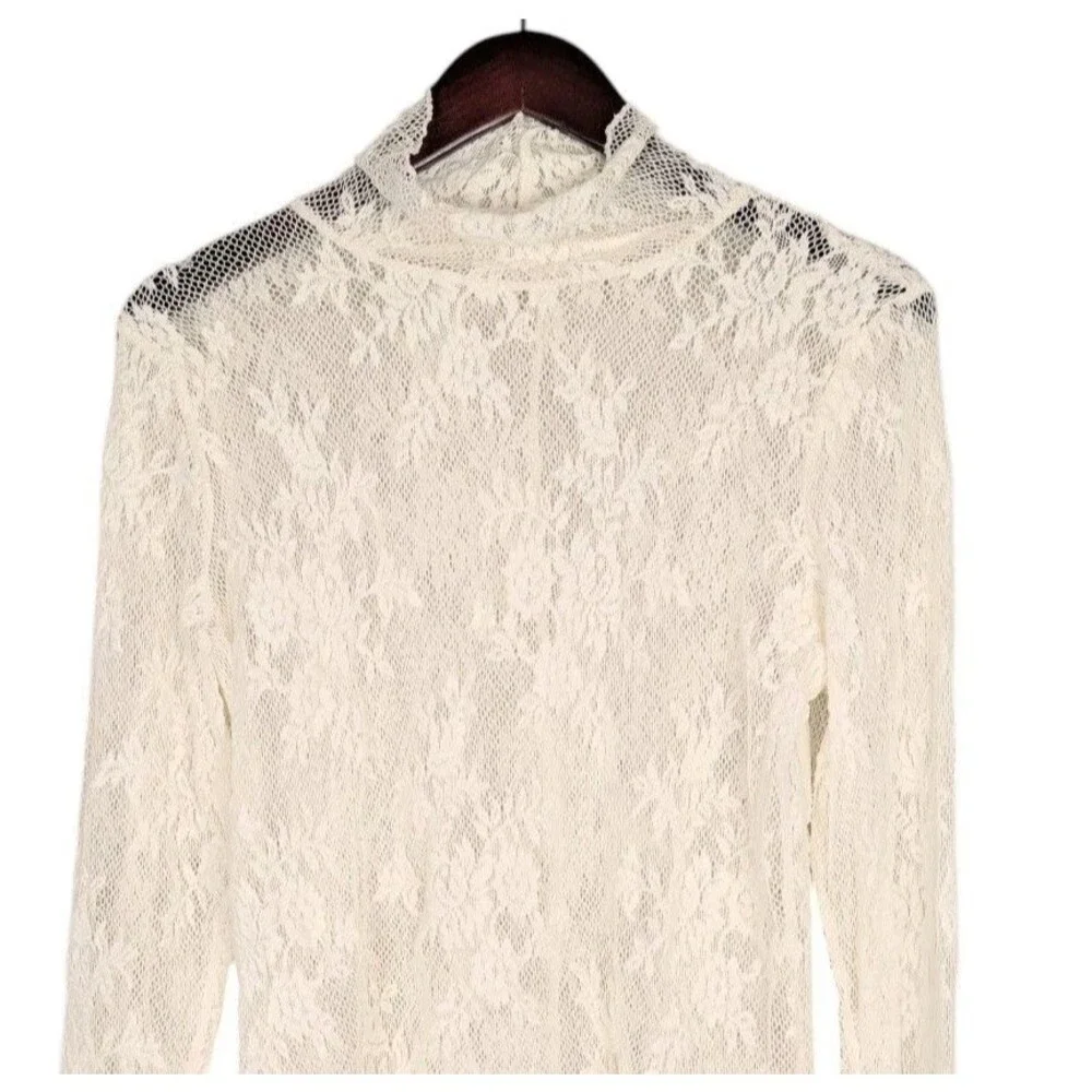 Free People Intimately Sweet Secrets Lace Turtleneck Top Ivory Cream Size XL